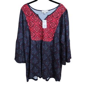 Suzanne Betro Weekend 3X Handkerchief Print‎ Top 3/4 bell sleeve Red White Blue